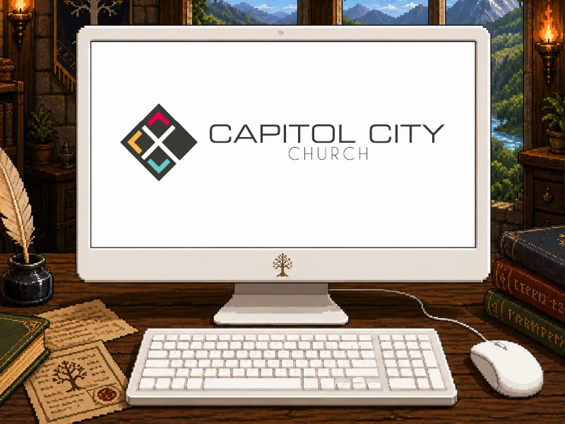 The Capitol City Church logo shown on a monitor
