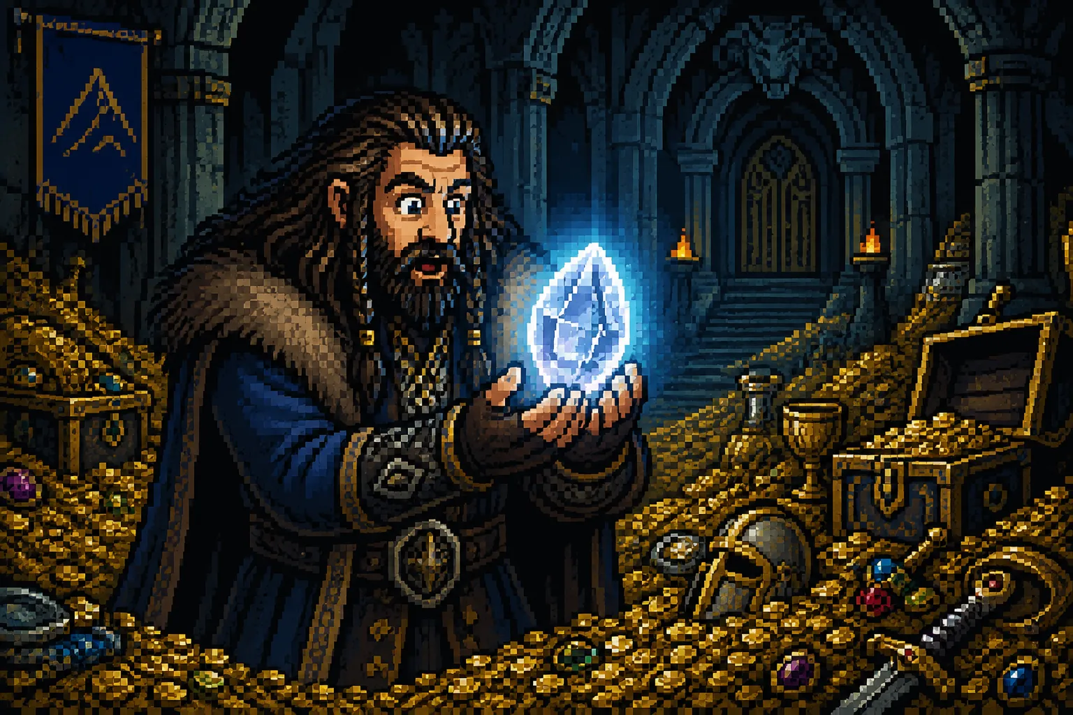 A pixel-art dwarf in a torchlit treasure hall, cradling the glowing Arkenstone, an ArkenSites banner hanging behind him