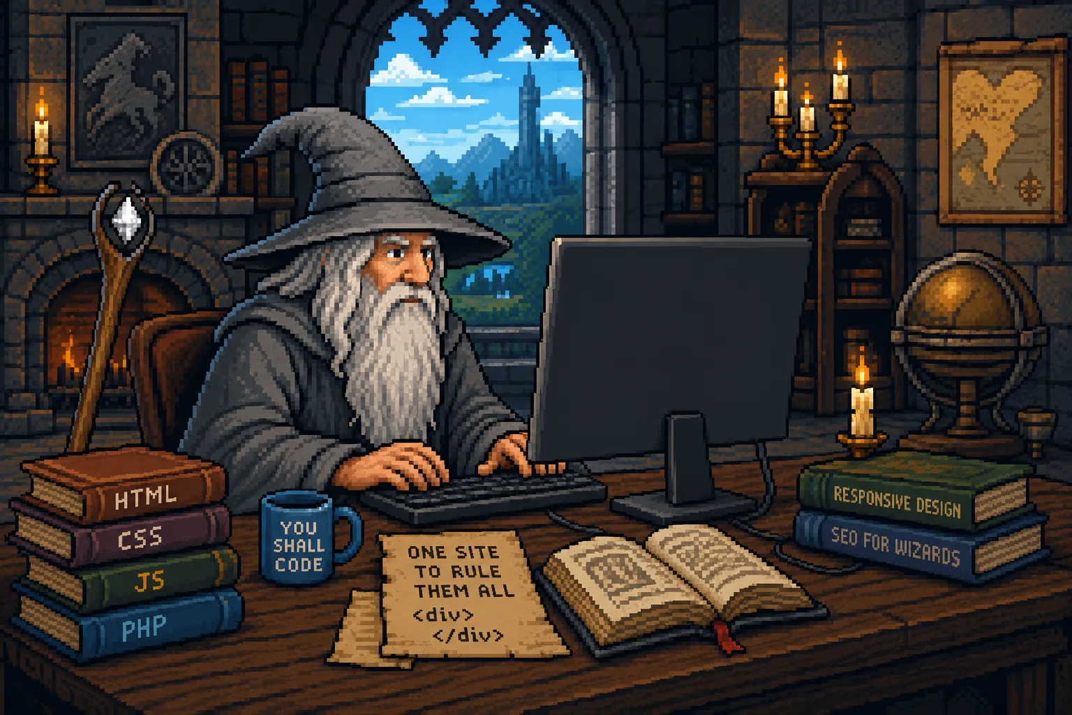 A wizard at a desk with a computer, surrounded by spellbooks and potions