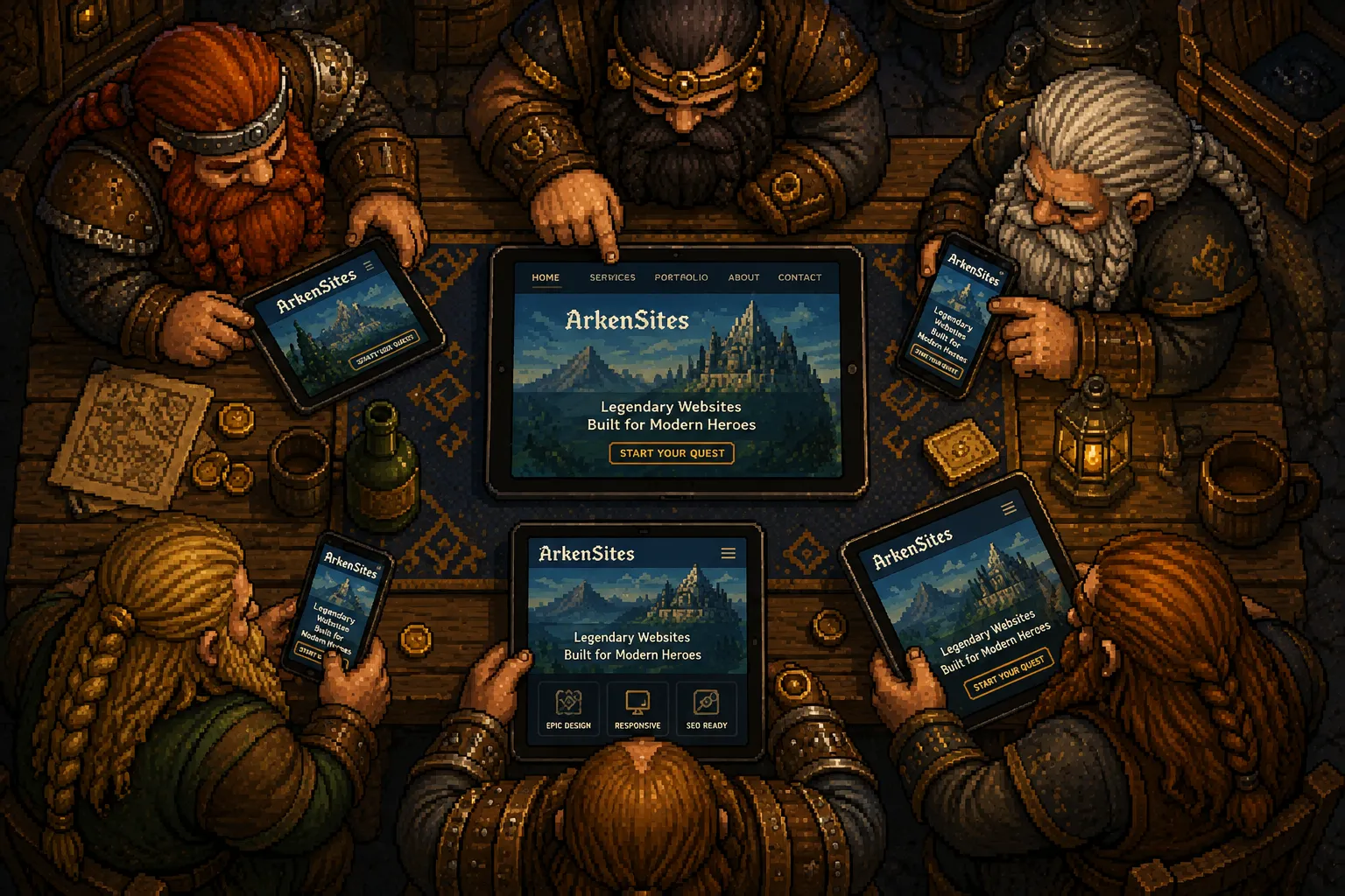 A fantasy scene rendered across screens of different sizes