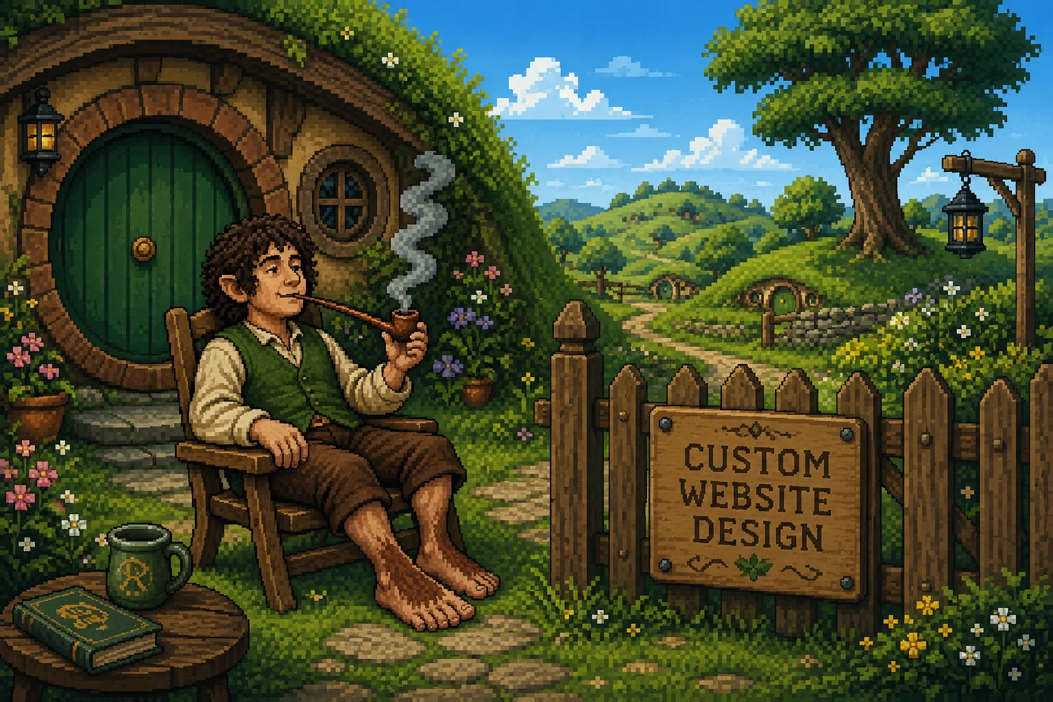 A pixel-art hobbit outside a green round door beside a Custom Website Design sign