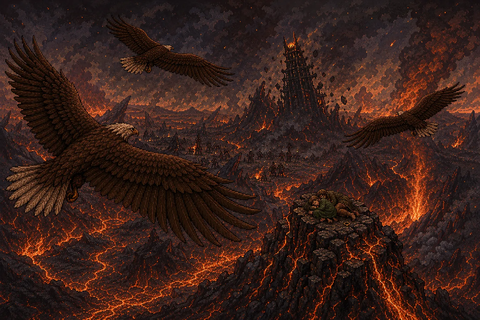 Three giant eagles soaring over a molten volcanic wasteland
