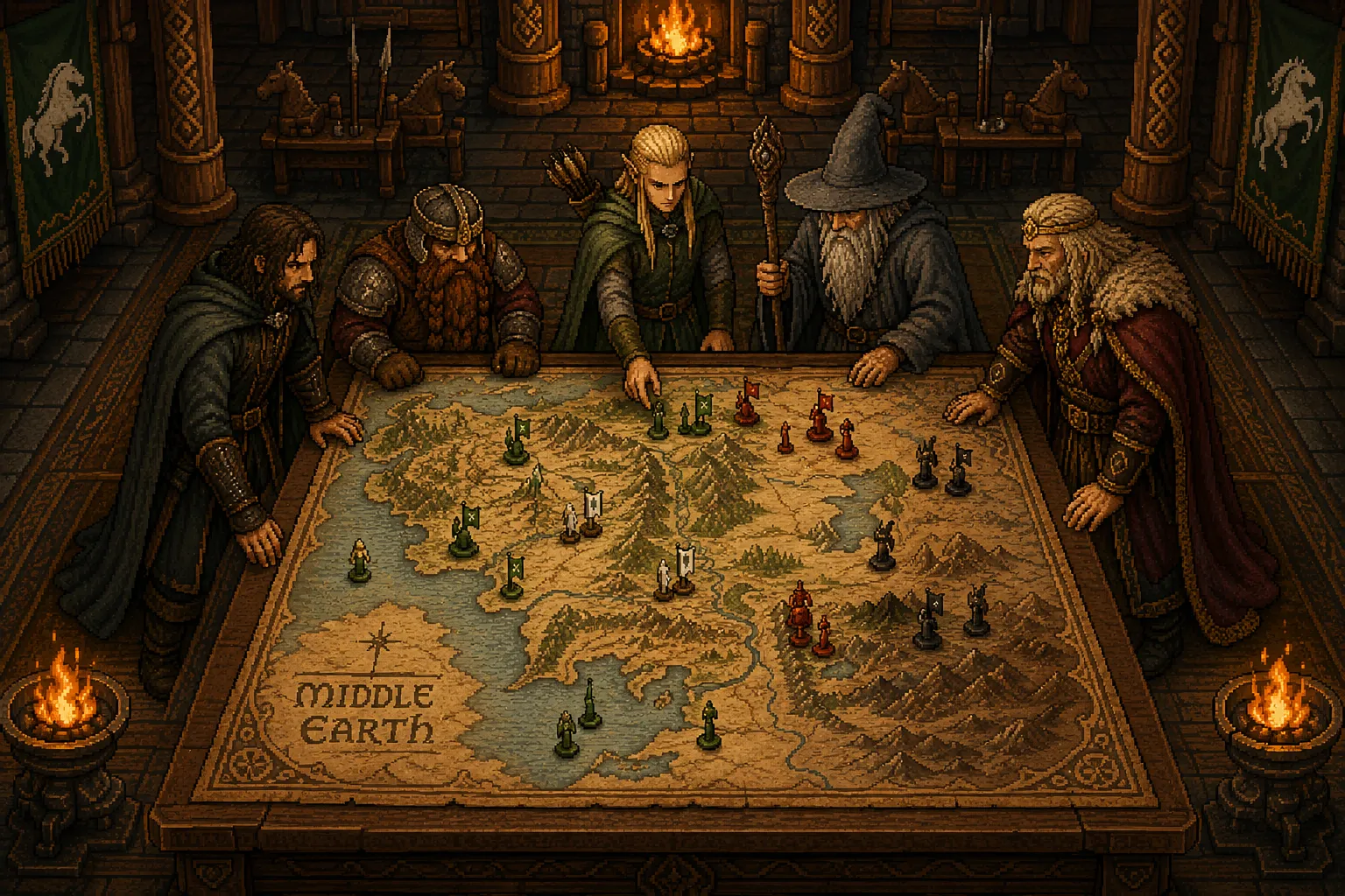 A fellowship of five adventurers studying a map by lantern light