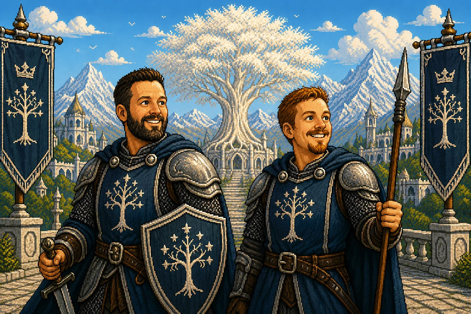 Two pixel-art knights in blue and silver armour standing on a terrace before a white tree and a mountain citadel