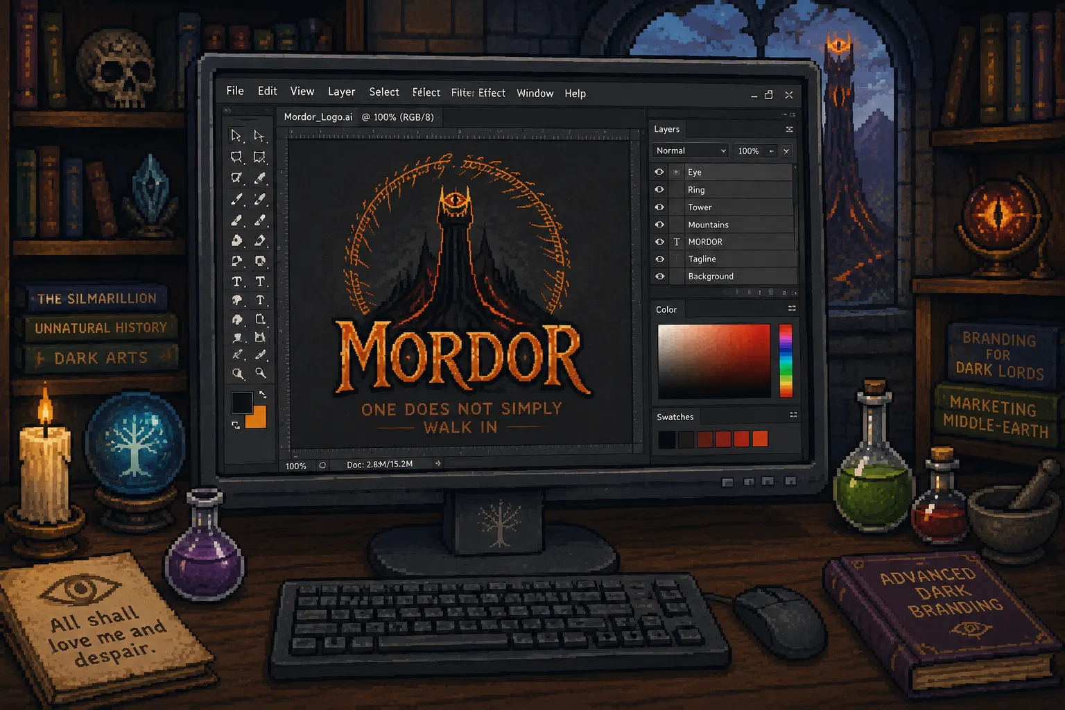 A retro computer displaying a fantasy-themed website design