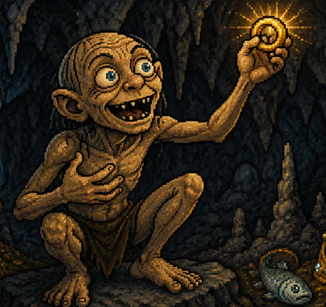 A pixel-art cave-dweller beaming at a glowing gold ring held above its head