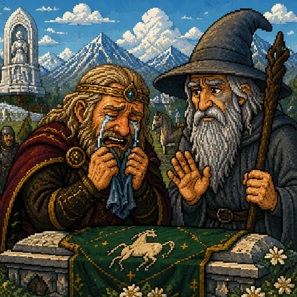 A pixel-art king weeping into a handkerchief while a grey wizard raises a calming hand