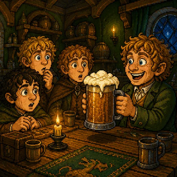 Four pixel-art hobbits grinning around an enormous frothing tankard in a candlelit inn