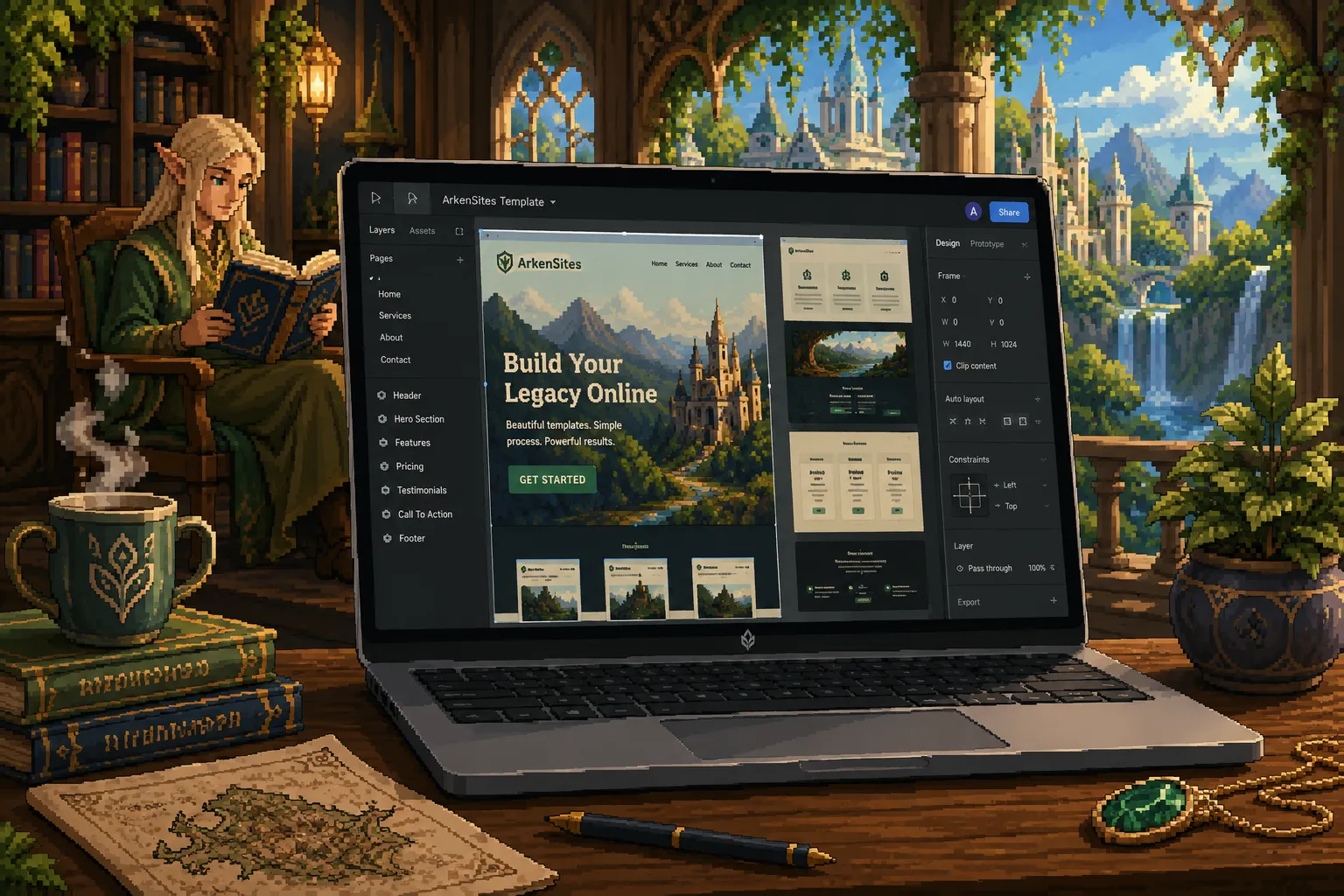 A pixel-art elf reading in a library beside a laptop showing an ArkenSites site in a design editor